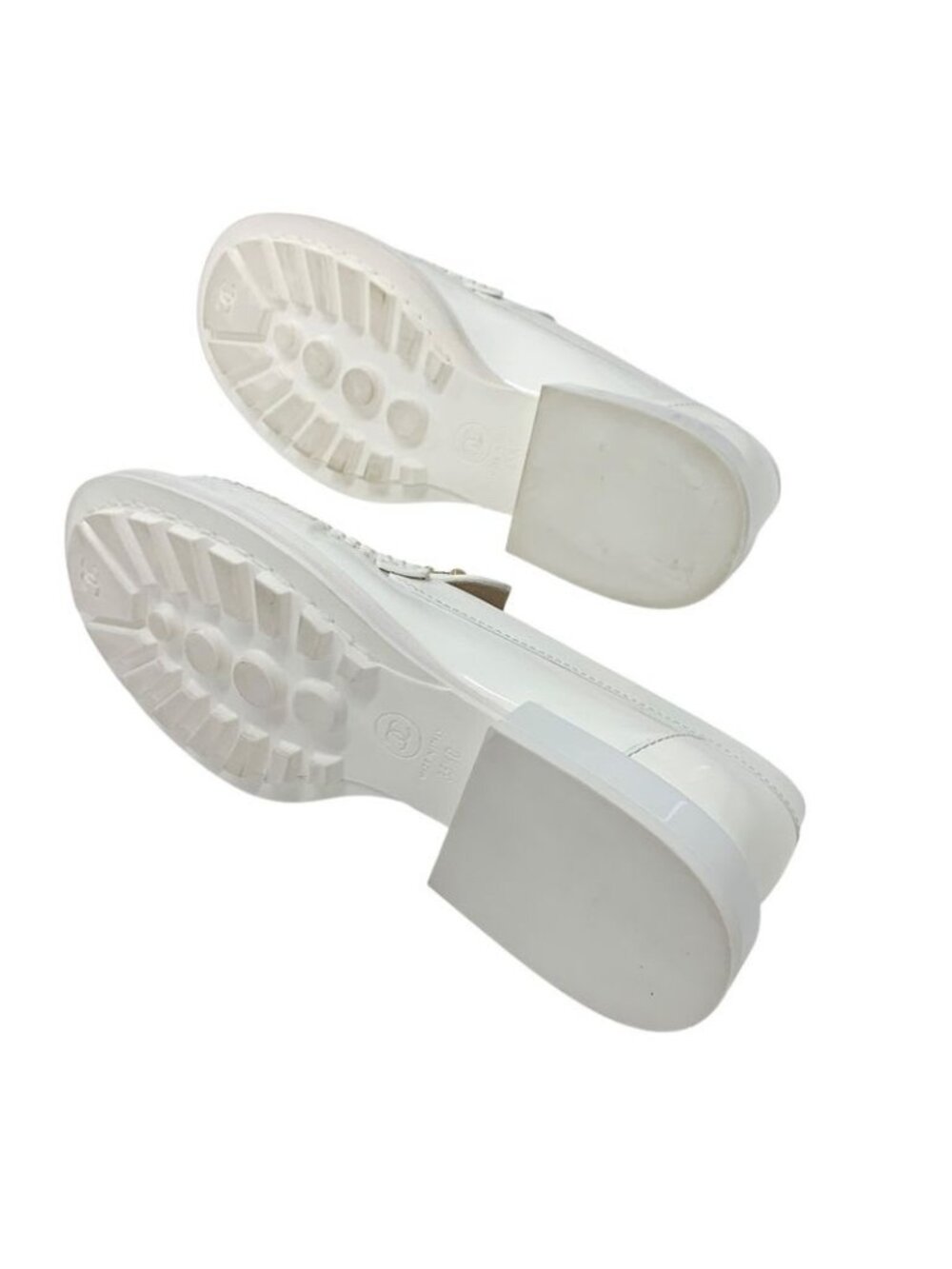 Chanel Loafers Leather Shoes Patent White Gold Coco Mark Pearl - Picture 6 of 10